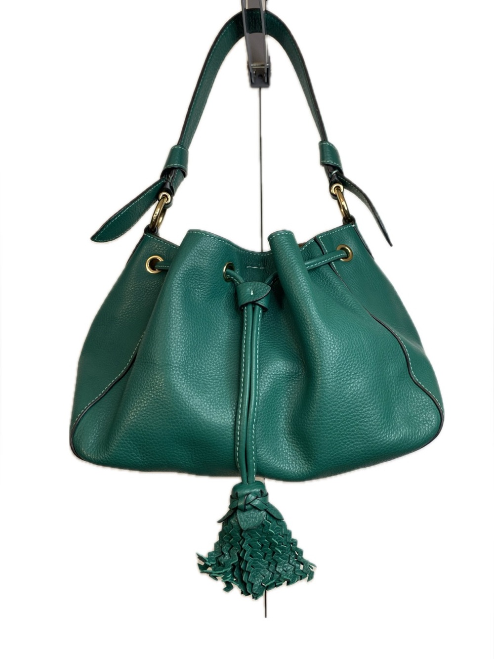 Coach Everly Jade Green Leather Drawstring Bucket Bag, Tassel w/ gold hardware